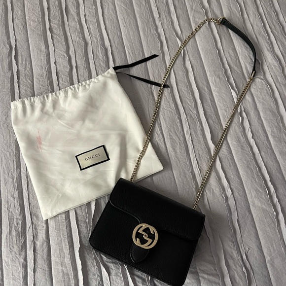 Gucci Interlocking BLACK Marmont Leather Silver Handbag Italy - Picture 1 of 6